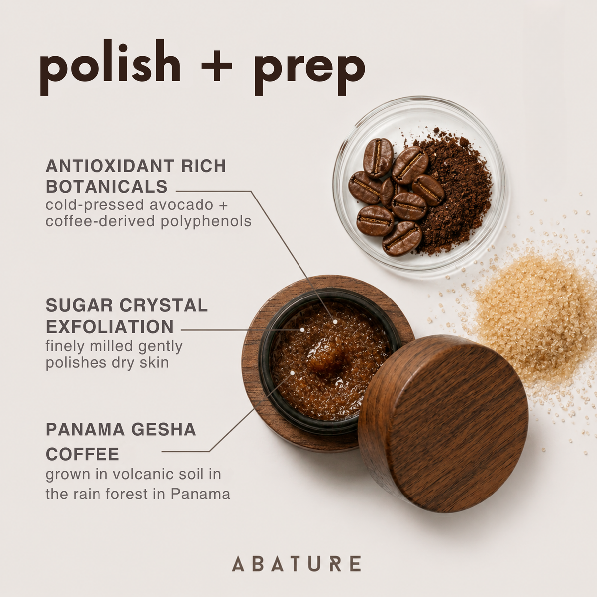 A styled flat-lay product graphic for an ABATURE skincare product labeled 'polish + prep'. The image shows two small jars of brown granular cosmetic polish with wooden lids, one open and one closed, alongside loose coffee beans and sugar crystals on a light beige background with callout text describing ingredients.