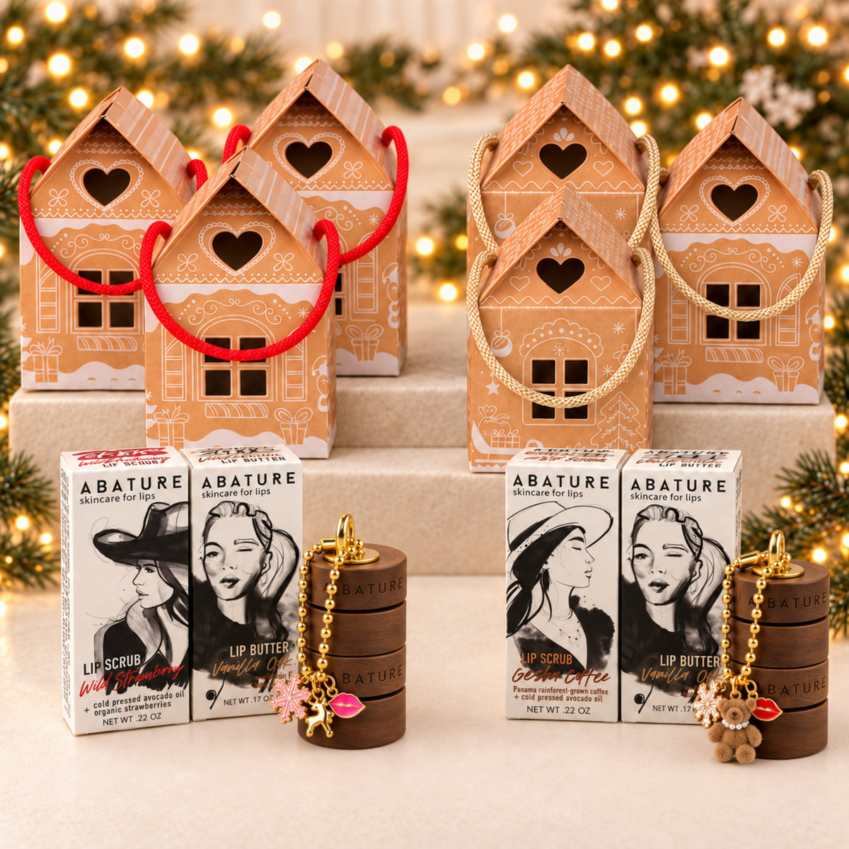 Six ABATURE gingerbread house gift sets with Coffee Scrub, Strawberry Scrub, Vanilla Lip Butter, wood STAXX jars, and surprise holiday charm sets.