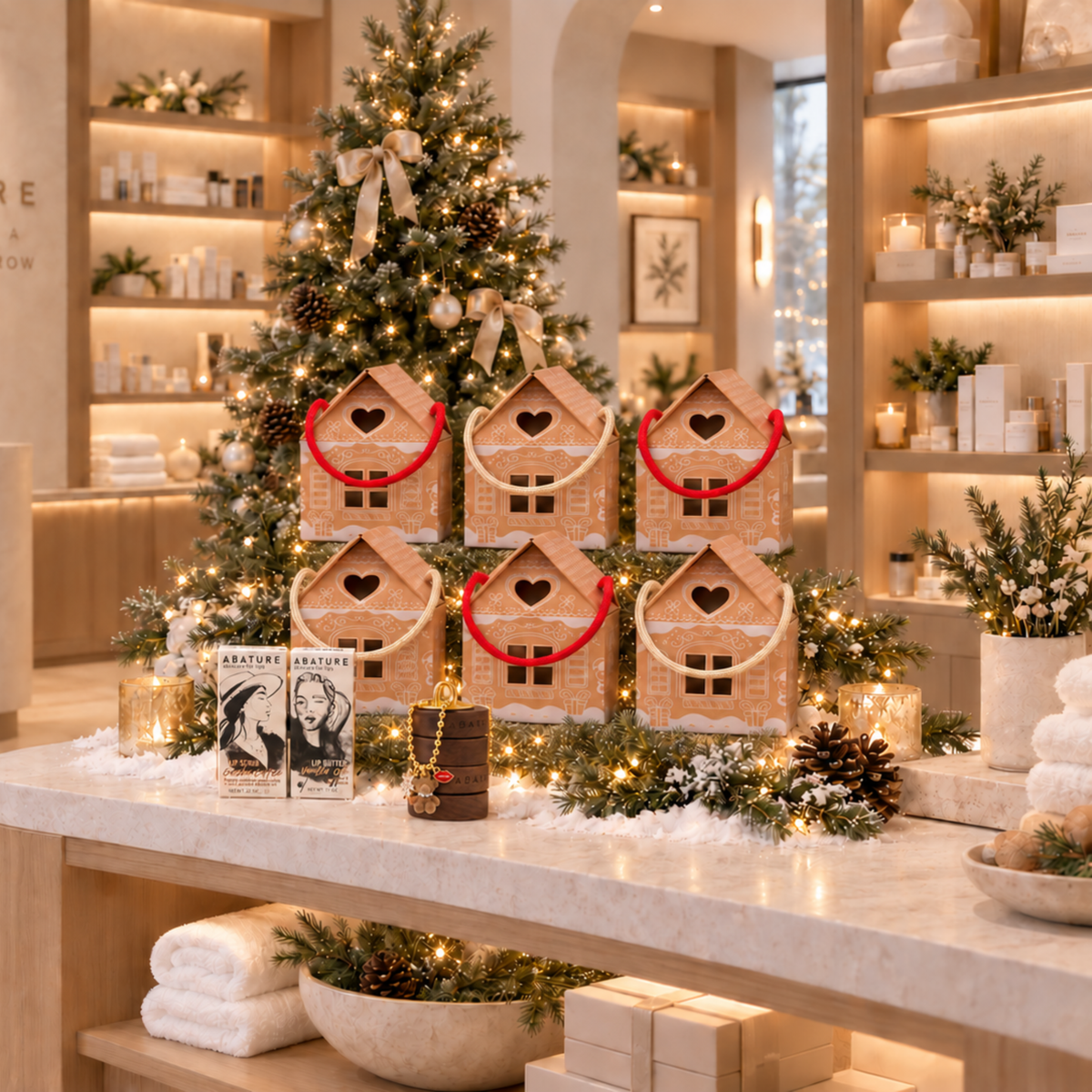 A festive holiday display in a spa-like interior with a decorated Christmas tree, six gingerbread house boxes with red handles, candles, pinecones, and warm shelving in the background. With ABATURE lip balm in the foreground.